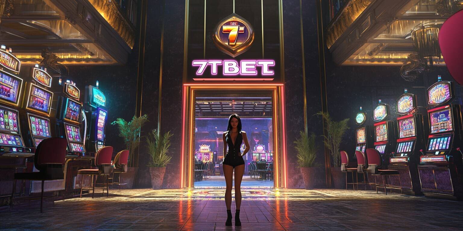 Young woman in front of the 7tbet casino, ready to explore gaming opportunities