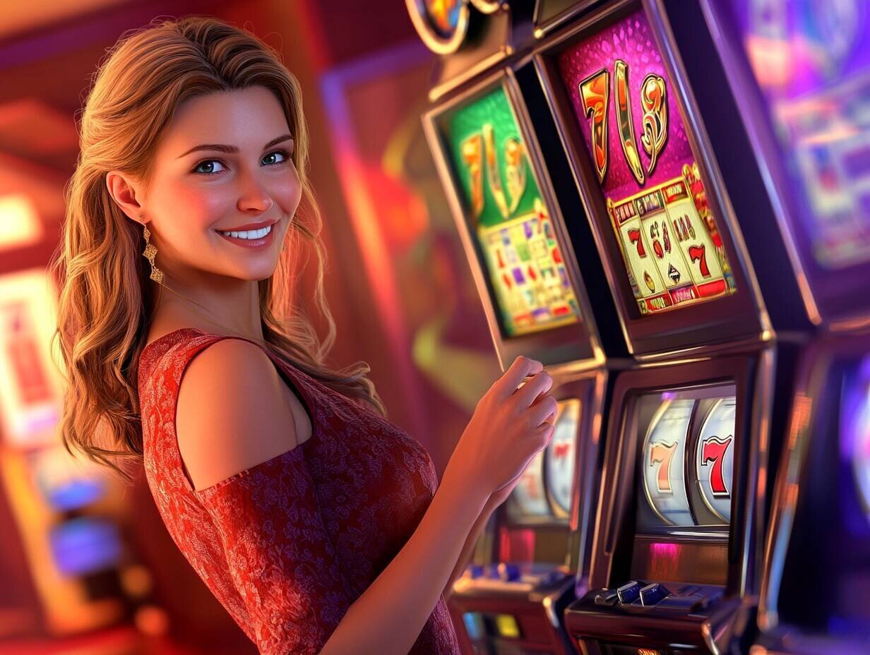 Young woman enjoying slot machines at 7tbet