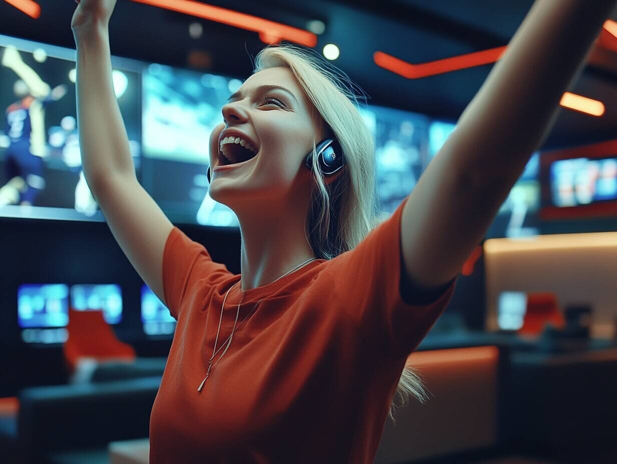 Young woman celebrating sports betting win at 7tbet